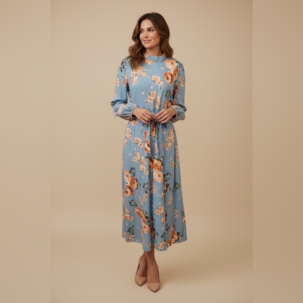 NEW Floral Ruffle High Neck Maxi Dress Blue Orange Size Medium Boho Modest